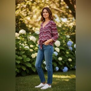 Lucky Brand tribal print tie-front blouse with a V-neck and 3/4 sleeves